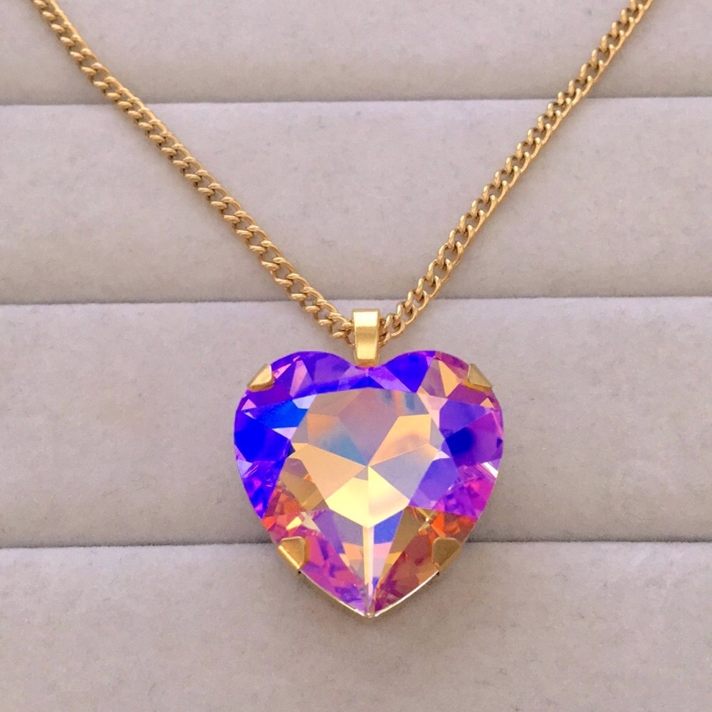Iridescent Topaz Pink Rose Aurora Borealis + Gold Crystal Heart Drop Necklace - Picture 7 of 8